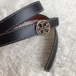 Tory Burch Black Leather Belt with Gold Logo